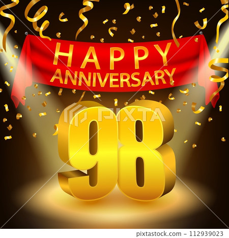 Happy 98th Anniversary Celebration with Golden Confetti and Spotlight, Vector Illustration 112939023