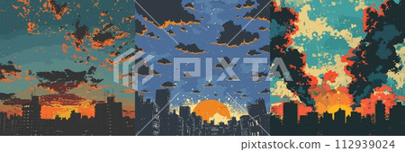 AI-generated content. Sunset cityscape skyline graffiti art vector concepts. Early morning cloudy colorful sky with dark urban silhouettes, stylish graphic illustrations 112939024