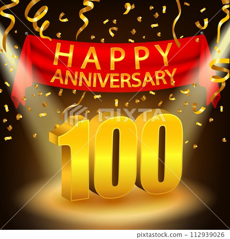 Happy 100th Anniversary Celebration with Golden Confetti and Spotlight, Vector Illustration 112939026