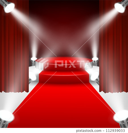 Red Carpet to Podium Stage with Spotlights and Red Curtain, Vector Illustration 112939033