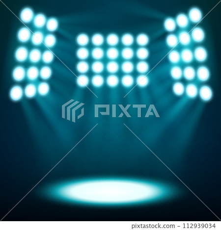Bright Stadium Spotlights on Dark Blue Background, Vector Illustration Bright Stadium Spotlights on Dark Blue Background, Vector Illustration 112939034