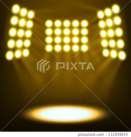 Bright Stadium Spotlights on Dark Gold Background, Vector Illustration 112939035