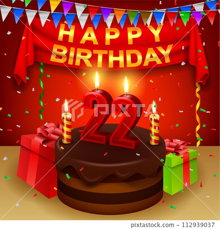 Happy 22th Birthday with Chocolate Cream Cake and Triangular Flag, Vector Illustration 112939037