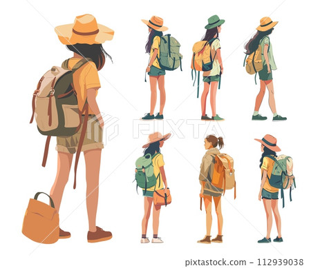AI-generated content. Summer girl tourist cartoon style vector Set. Loose hair character trip female traveler, back view hat backpack shorts accessories, illustrations isolated on white background 112939038