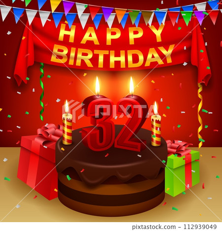 Happy 32th Birthday with Chocolate Cream Cake and Triangular Flag, Vector Illustration 112939049