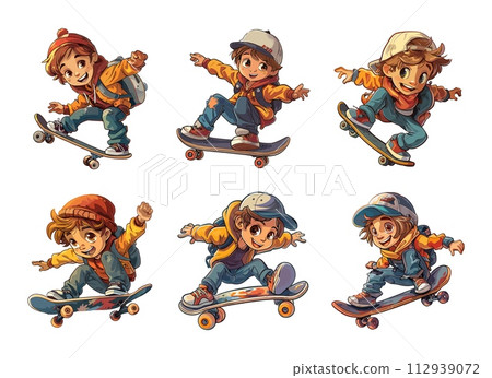 AI-generated content. Skater boy cartoon vector set. Skateboard kid dynamic active poses casual clothes positive character vector illustration isolated on white background AI-generated content. Skater boy cartoon vector set. Skateboard kid dynamic active poses casual clothes positive character vector illustration isolated on white background 112939072