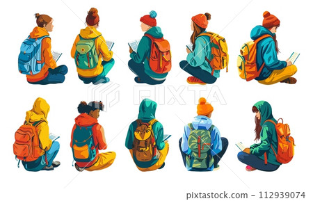 AI-generated content. Sitting reading students characters lotus pose back view cartoon style vector set. Boys girls knowledge education casual clothes with backpacks illustrations isolated on white AI-generated content. Sitting reading students characters lotus pose back view cartoon style vector set. Boys girls knowledge education casual clothes with backpacks illustrations isolated on white 112939074