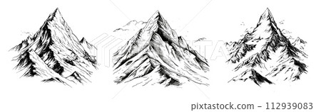 AI-generated content. Rock mountains pencil sketch style vector set. Stone ridges panoramic view wild black colour landscapes, illustrations isolated on white background 112939083