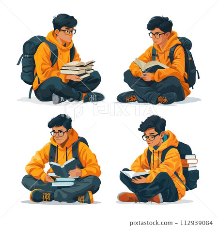 AI-generated content. Reading bespectacled boy orange jacket sitting lotus pose character, books stack with backpack cartoon style vector illustrations. Young man education students knowledge concepts 112939084