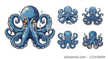 AI-generated content. Octopus cartoon style vector set. Suction cups tentacles creatures, sea mollusks ocean animal, color illustrations isolated on white background 112939094