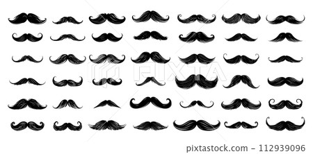 AI-generated content. Mustache black ink sketch hipster vector set. Different facial hair men gentlemen barbers, retro vintage curls shapes, isolated on white background AI-generated content. Mustache black ink sketch hipster vector set. Different facial hair men gentlemen barbers, retro vintage curls shapes, isolated on white background 112939096