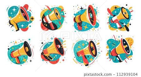 AI-generated content. Megaphone hr logos round geometric shapes advertising simple cartoon concepts, abstract background color vector set. Get ready creative speaker banners, pay attention isolated AI-generated content. Megaphone hr logos round geometric shapes advertising simple cartoon concepts, abstract background color vector set. Get ready creative speaker banners, pay attention isolated 112939104