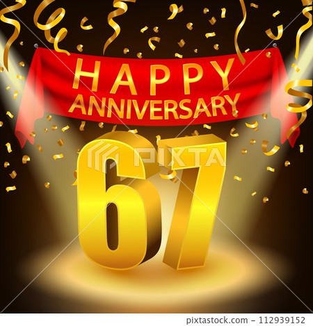 Happy 67th Anniversary Celebration with Golden Confetti and Spotlight, Vector Illustration 112939152