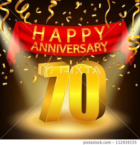 Happy 70th Anniversary Celebration with Golden Confetti and Spotlight, Vector Illustration 112939155