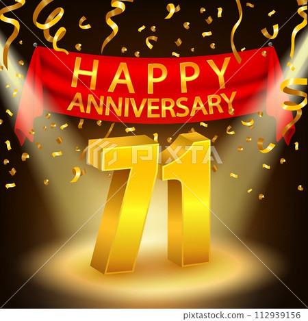 Happy 71th Anniversary Celebration with Golden Confetti and Spotlight, Vector Illustration 112939156