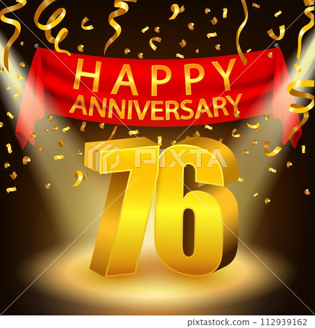 Happy 76th Anniversary Celebration with Golden Confetti and Spotlight, Vector Illustration Happy 76th Anniversary Celebration with Golden Confetti and Spotlight, Vector Illustration 112939162