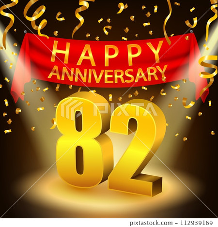 Happy 82th Anniversary Celebration with Golden Confetti and Spotlight, Vector Illustration 112939169