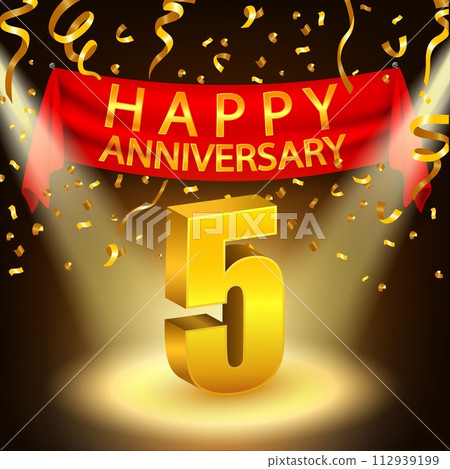 Happy 5th Anniversary Celebration with Golden Confetti and Spotlight, Vector Illustration 112939199