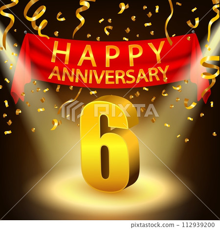 Happy 6th Anniversary Celebration with Golden Confetti and Spotlight, Vector Illustration Happy 6th Anniversary Celebration with Golden Confetti and Spotlight, Vector Illustration 112939200