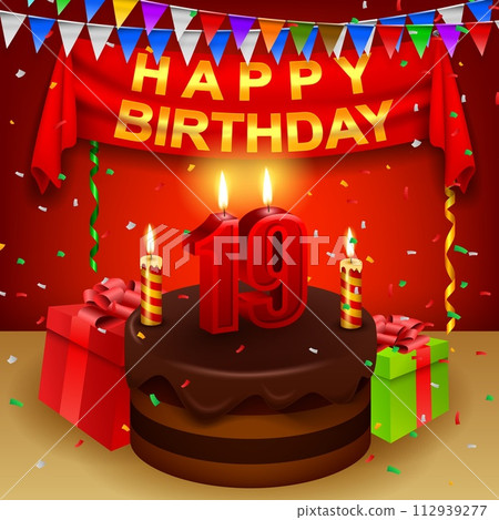 Happy 19th Birthday with Chocolate Cream Cake and Triangular Flag, Vector Illustration 112939277