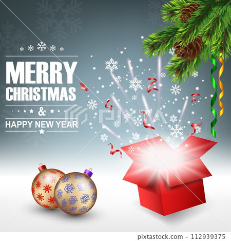 Open Gift Box with Bright Light and Confetti, Christmas Background, Vector Illustration Open Gift Box with Bright Light and Confetti, Christmas Background, Vector Illustration 112939375