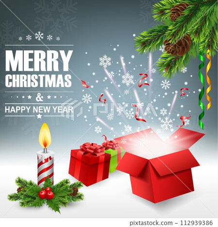 Open Gift Box with Bright Light and Confetti, Christmas Background, Vector Illustration Open Gift Box with Bright Light and Confetti, Christmas Background, Vector Illustration 112939386