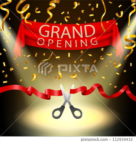 Grand opening background with spotlight and gold confetti, Vector Illustration 112939432