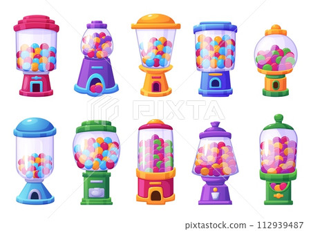 Cartoon candy machine. Isolated vending machines with bubble gum and sweet candies. Childish entertainment, glass packing with sweets nowaday vector set Cartoon candy machine. Isolated vending machines with bubble gum and sweet candies. Childish entertainment, glass packing with sweets nowaday vector set 112939487