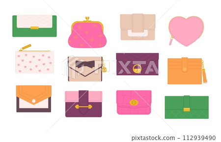 Female wallets. Isolated women wallet, fabric and leather colorful accessories. Tiny purse with decorations for coins, racy vector fashion elements 112939490