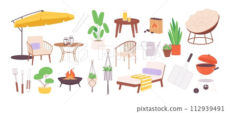 Garden furniture bbq. Cozy chairs and umbrella, grill equipment for resting on backyard. Terrace relax elements, fireplace and plants, racy vector clipart Garden furniture bbq. Cozy chairs and umbrella, grill equipment for resting on backyard. Terrace relax elements, fireplace and plants, racy vector clipart 112939491