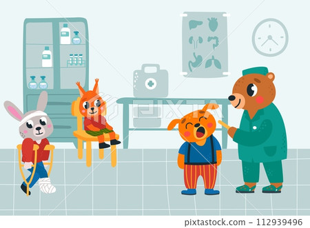 Visit doctor in hospital. Pediatrician sees young patients. Bear in medical uniform, sick bunny, squirrel and little dog. Classy vector cartoon scene 112939496