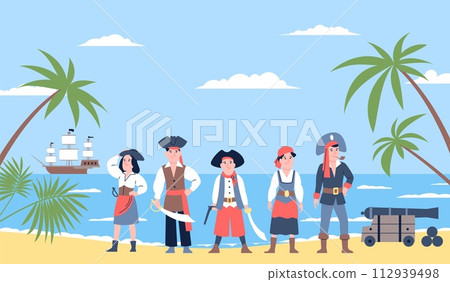 Children pirates. Little conquerors of the seas stand on ocean coast. Funny kids wear pirate costumes and hats. Game or adventures recent vector scene Children pirates. Little conquerors of the seas stand on ocean coast. Funny kids wear pirate costumes and hats. Game or adventures recent vector scene 112939498