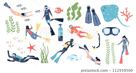 Diving elements for professional scuba divers and vacations. People swimming underwater with fish, sea ocean explorer, recent marine collection 112939500