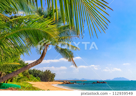 View of the shore of the South China Sea with a sandy beach, large rocks and green palm trees. Sanya, China. View of the shore of the South China Sea with a sandy beach, large rocks and green palm trees. Sanya, China. 112939549