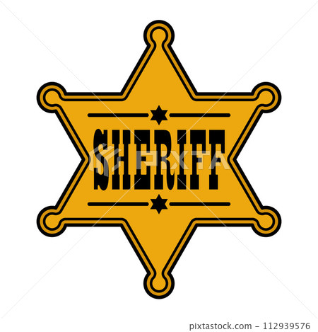 sheriff badge star, emblem of a golden six pointed star with the inscription Sheriff, color vector illustration 112939576
