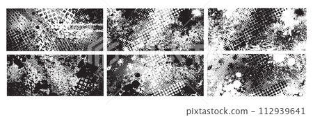 Grunge black texture raw dirty background, vector halftone graphic print, abstract ink overlay set.  112939641