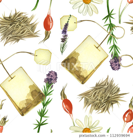 Tea bags, herbal tea from meadow herbs, oregano flowers, rose hips, oregano, drawn in watercolor. Watercolor pattern. For printing on fabric, paper, design, scrapbooking, product packaging. 112939694