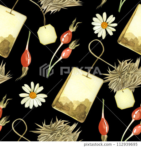 Tea bags, chamomile flowers, herbal tea from meadow herbs, oregano flowers, rose hips, oregano, painted in watercolor. Seamless pattern. For printing on fabric, paper, design, scrapbooking. Tea bags, chamomile flowers, herbal tea from meadow herbs, oregano flowers, rose hips, oregano, painted in watercolor. Seamless pattern. For printing on fabric, paper, design, scrapbooking. 112939695
