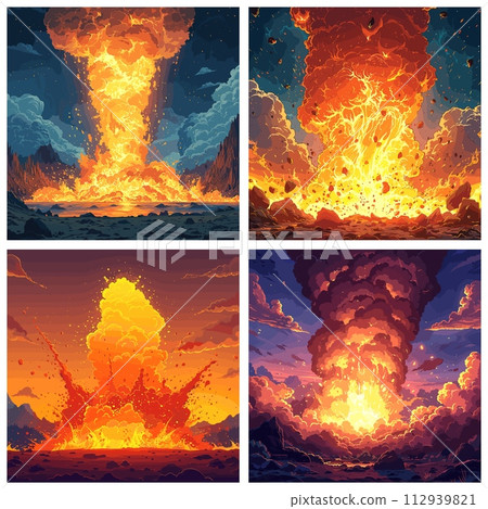 AI-generated content. Dynamite bomb comic explosion set, land fire explosion cartoon illustration, fiery big bang blast detonation backgrounds 112939821