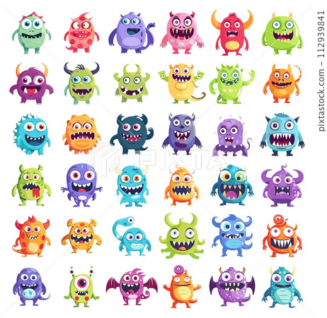 AI-generated content. Cartoon goblins. Goofy funny monsters characters on white, party gremlin mascots collection isolated vector illustration 112939841