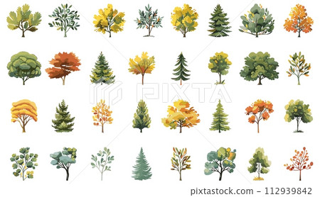 AI-generated content. Cartoon forest plants collection. Bushes and trees symbols isolated on white, oak spruce pine aspen linden willow willow rowan 112939842