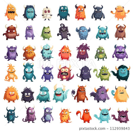 AI-generated content. Cartoon fluffy monsters. Funny party aliens, small comic animals, virus and bacteria cute characters vector illustrations 112939843