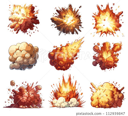 AI-generated content. Cartoon blasts. Smoky burst, comet blowing up, fire explosion set isolated on white 112939847