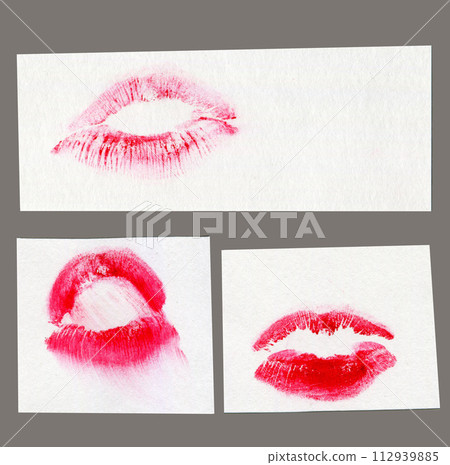 Red lipstick kiss print isolated set. Different shapes of female sexy pink and red lips. Sexy lips makeup, kiss mouth. Female mouth. Red lipstick kiss print isolated set. Different shapes of female sexy pink and red lips. Sexy lips makeup, kiss mouth. Female mouth. 112939885