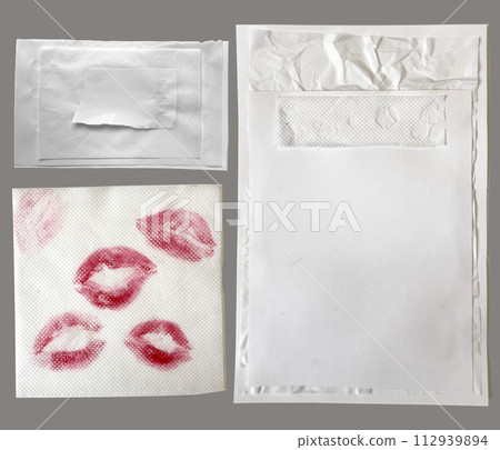 Red lipstick kiss print and torn paper pieces set. Different shapes of female sexy lips and paper fragments collection. Sexy lips makeup, kiss mouth. Female mouth. Red lipstick kiss print and torn paper pieces set. Different shapes of female sexy lips and paper fragments collection. Sexy lips makeup, kiss mouth. Female mouth. 112939894