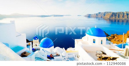 white belfries Santorini island, Greece 112940086