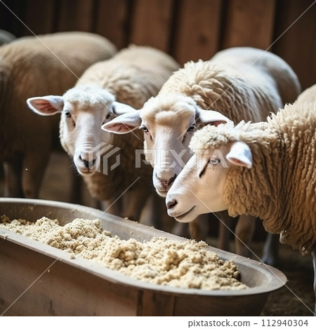 Three sheep are seen side by side, enjoying their feed from long trough within a rustic barn setting. Focus is on sheeps gentle and calm demeanor as they partake in their meal, illuminated by soft nat 112940304