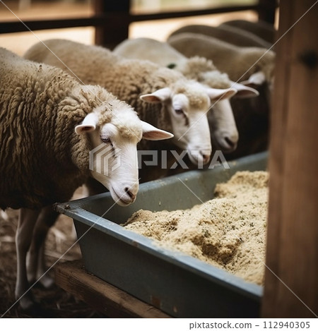 Three sheep are seen side by side, enjoying their feed from long trough within a rustic barn setting. Focus is on sheeps gentle and calm demeanor as they partake in their meal, illuminated by soft nat 112940305