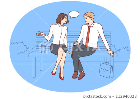 Carefree man and woman sitting on park bench and talking telling stories from work. Vector image Carefree man and woman sitting on park bench and talking telling stories from work. Vector image 112940328