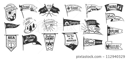 Camp pennants logo. Camping pennant retro emblem, varsity sport flag black sign explore travel club sketch lettering university sticker university symbol, neat vector illustration Camp pennants logo. Camping pennant retro emblem, varsity sport flag black sign explore travel club sketch lettering university sticker university symbol, neat vector illustration 112940329